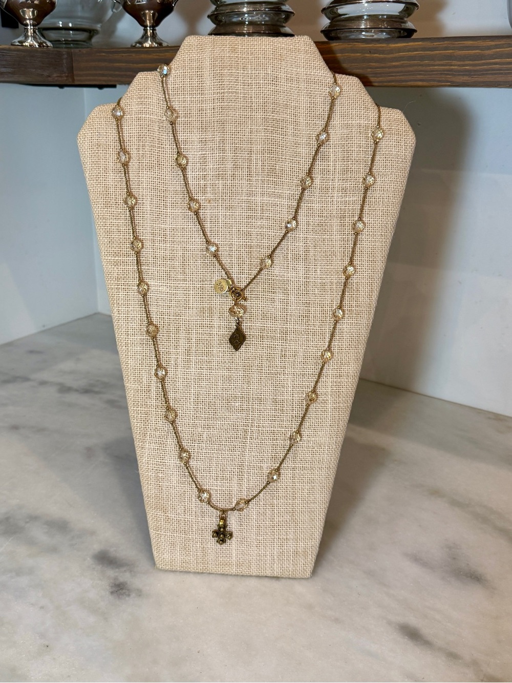 Bittersweet Designs 60” Gold/Crystal Layered Beaded Necklace With Cross Pendant